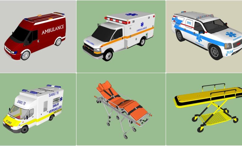20478. قم بتنزيل سيارة إسعاف Sketchup المجانية ، نموذج نقالة