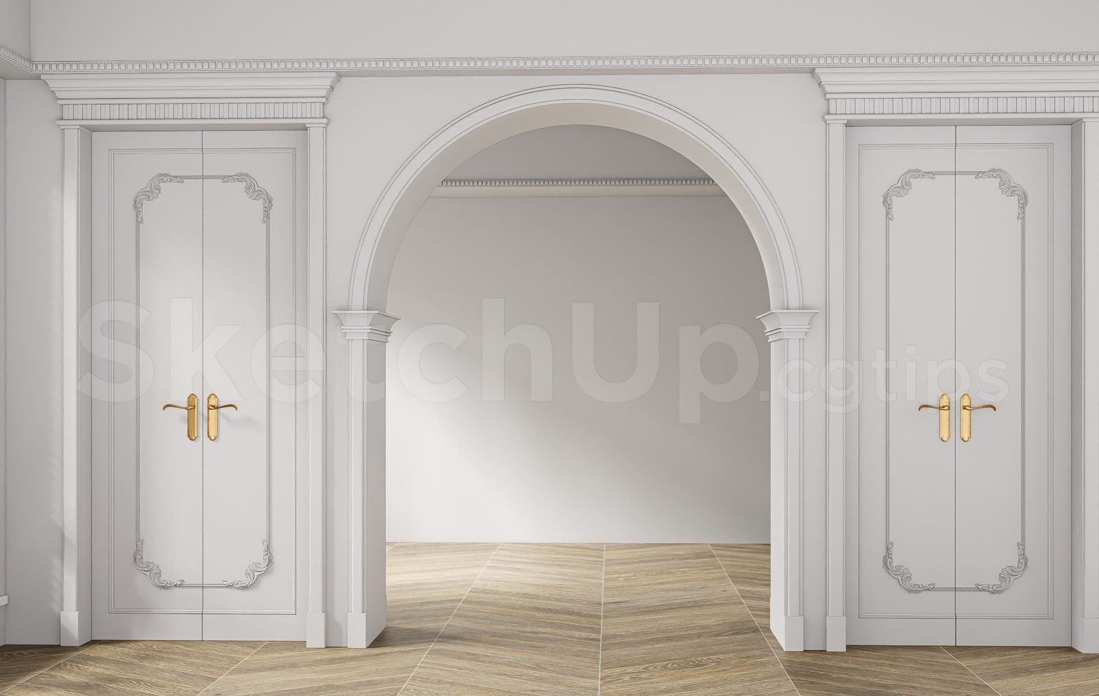 18757. نموذج سكيتش اب مجاني، مدخل خشبي كلاسيكي مقوس (1)