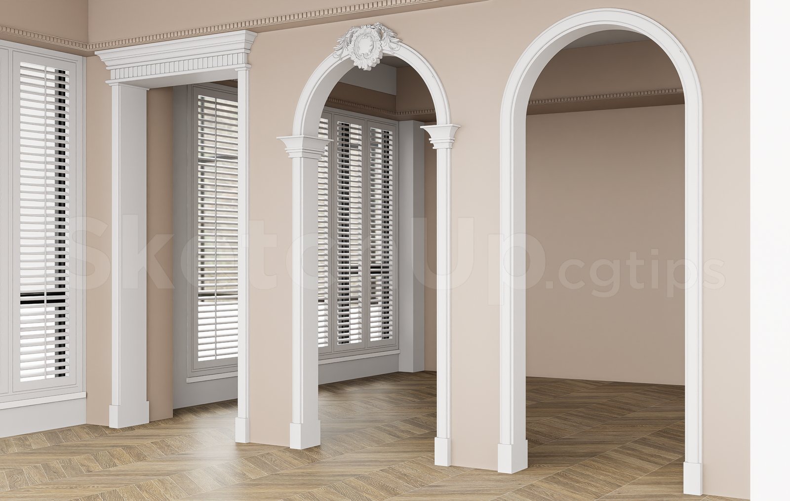 18772. نموذج سكيتش اب مجاني، مدخل خشبي كلاسيكي مقوس (2)