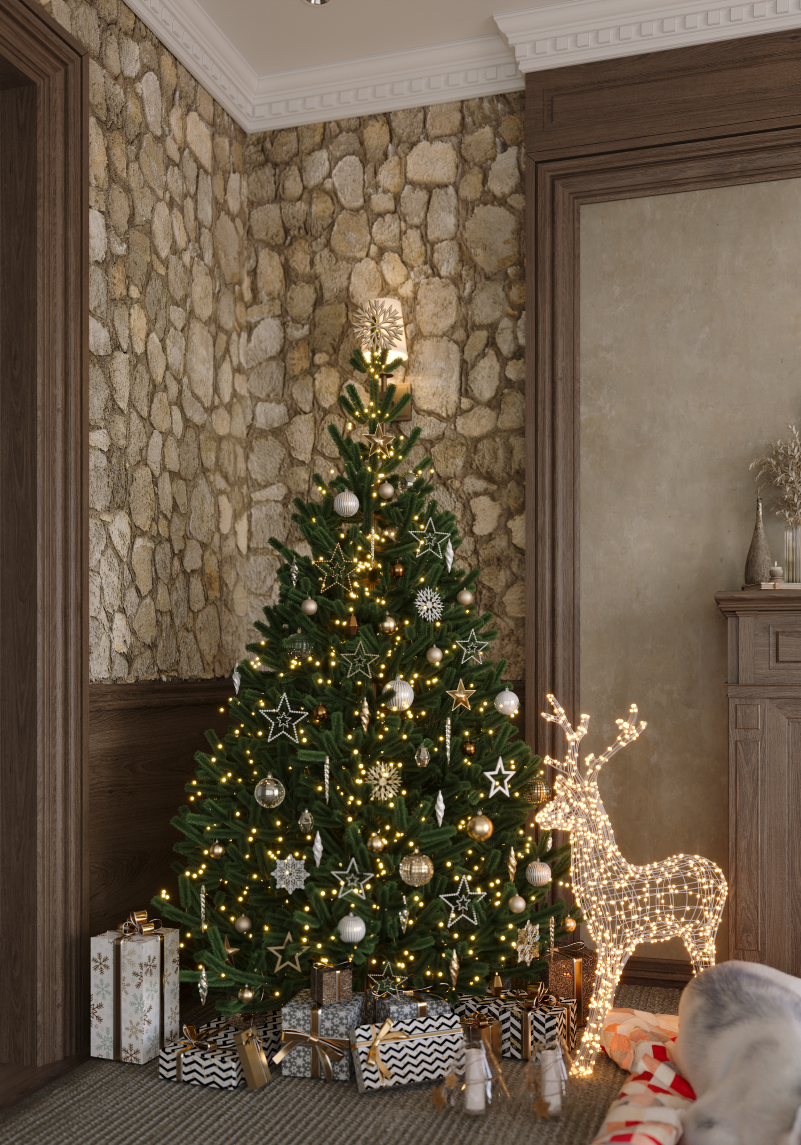 18803. غرفة معيشة ريفية فاخرة من Sketchup مع جدران حجرية وديكور عيد الميلاد من تصميم Pham Huynh (2)