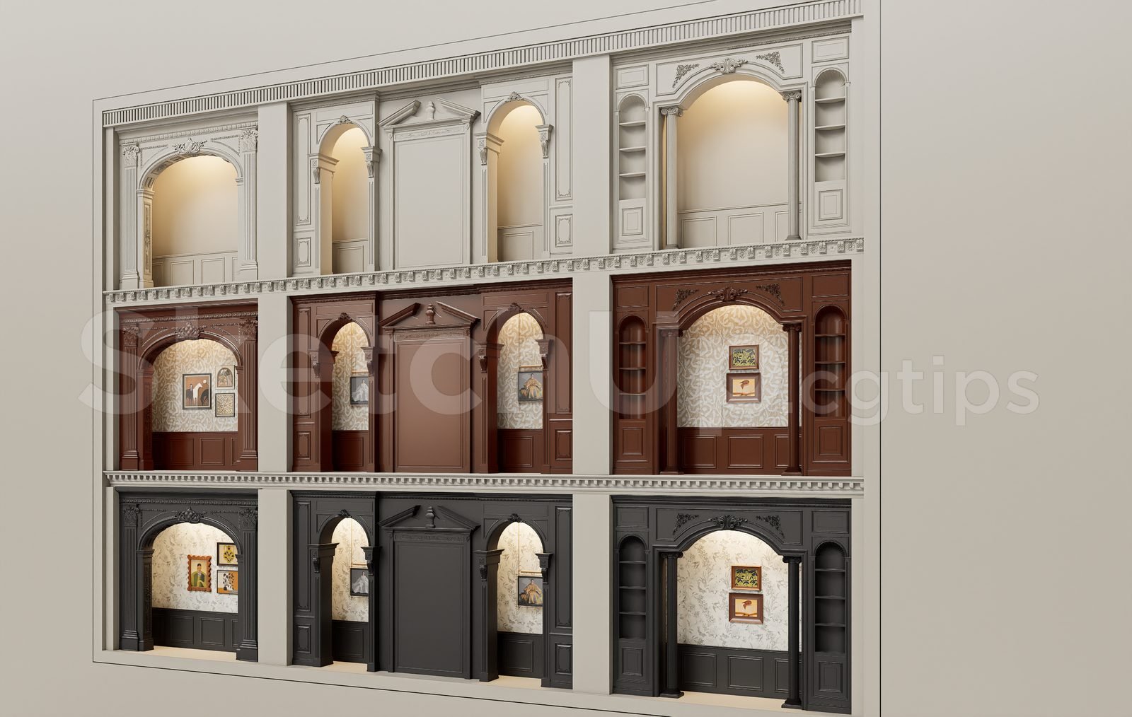 18936. نموذج Sketchup مجاني، مدخل خشبي كلاسيكي مقوس (2)